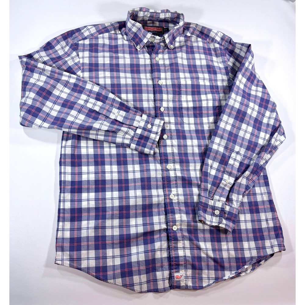 Vineyard Vines Performance Murray Dress Shirt Plaid Button Down Blue Pink Mens M
